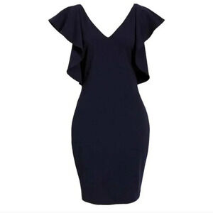 Badgley Mischka Cascade Scuba Ruffle Sleeve Sheath Dress Navy size 8 NWOT